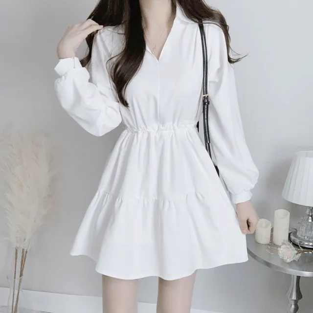 [셔츠ops/안감있는/청순무드] 오픈카라 브이넥 허리스트링 리본 캉캉 셔츠 원피스