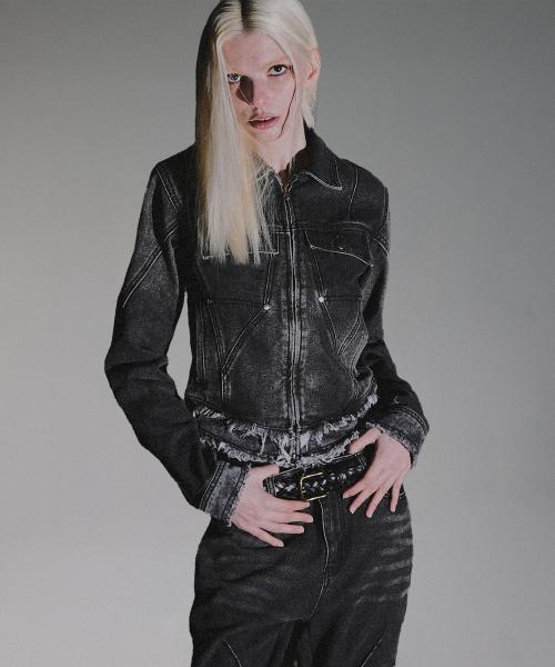 W Cut Off Incision Vintage Denim Jacket - Black