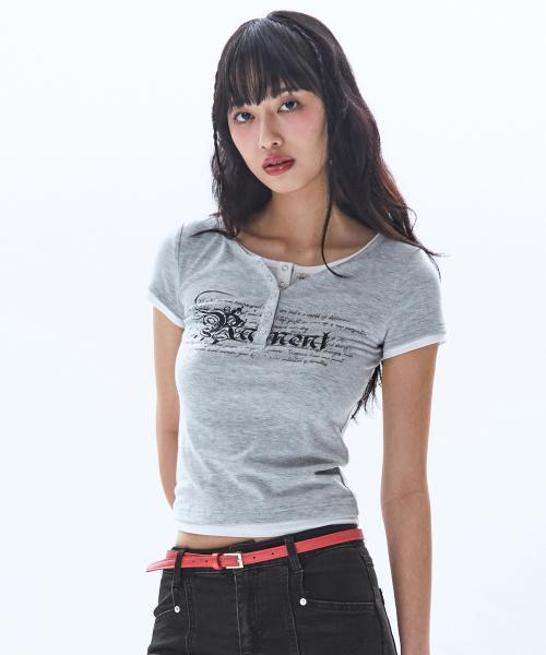 (W) 우먼즈 슬림 레이어드 헨리넥 하프 티셔츠_그레이