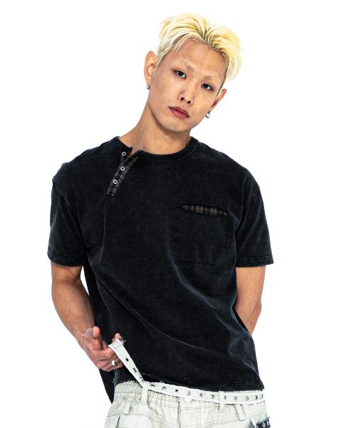 XTT154 체크 헨리넥 워싱 크롭 티셔츠 (BLACK)
