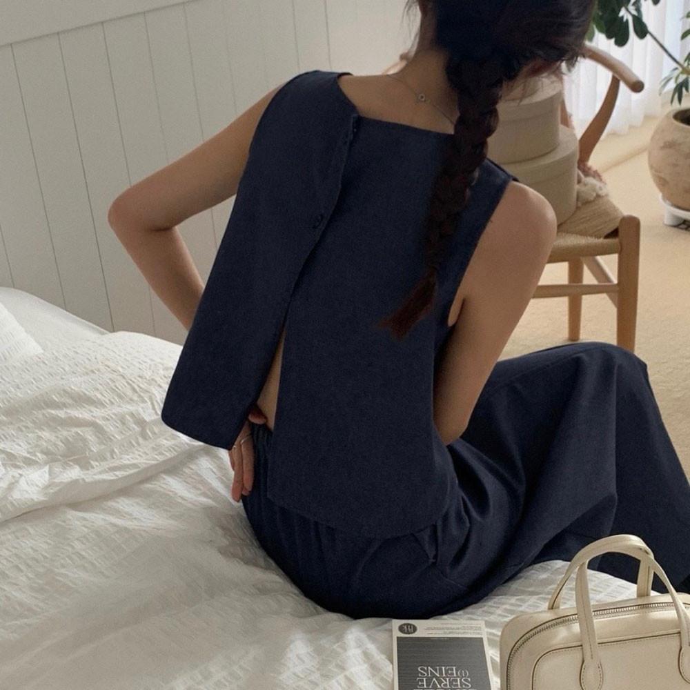 뒷 트임 민소매 블라우스 데님 나시 크롭 치마 세트 가능