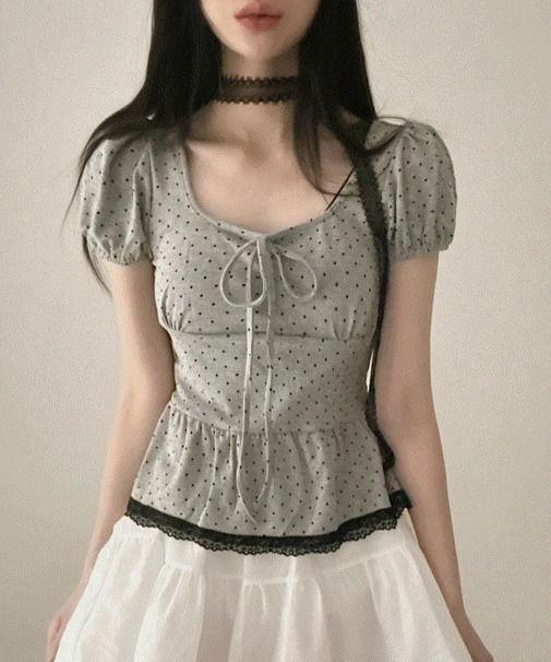 레이스 도트 리본 프릴 반팔 블라우스 2color