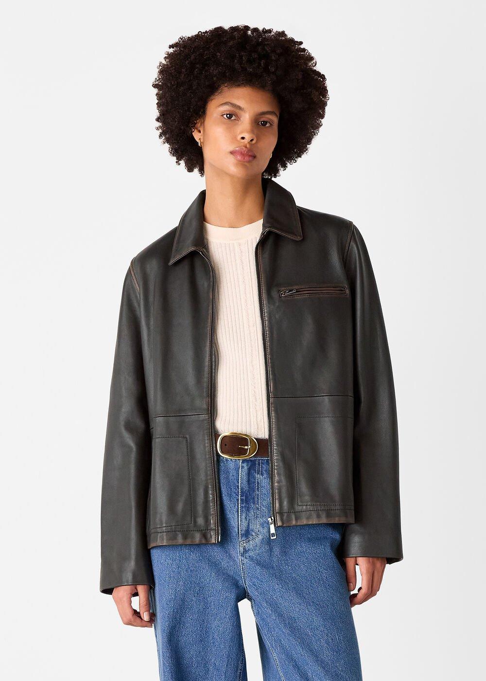 Brown Kate Burnished Leather Jacket | WHISTLES | Whistles ROW |