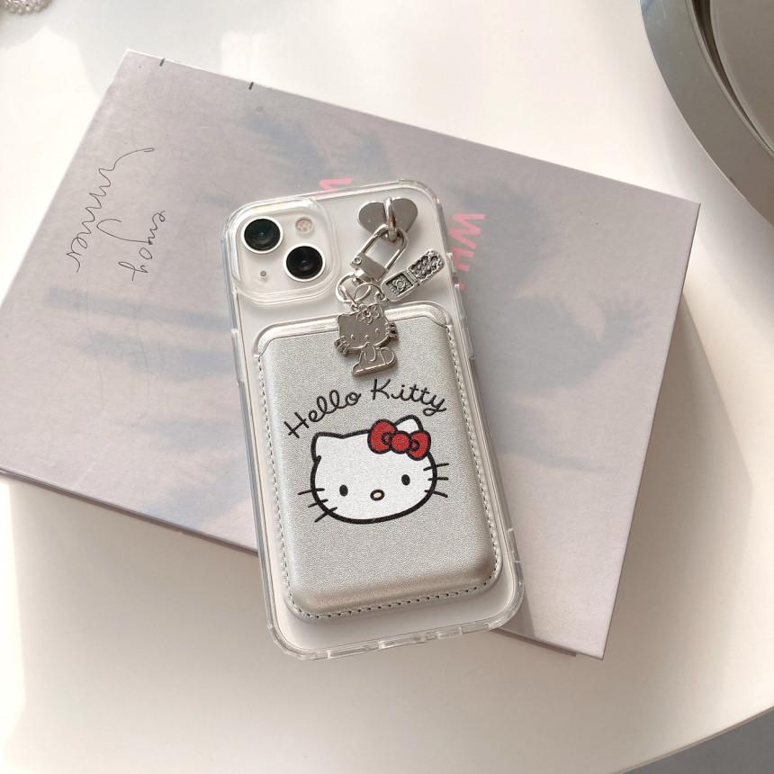 수니상점 (SET) 아이폰키티케이스 키티 맥세이프카드지갑 실버 키링 아이폰맥세이프케이스 7 8 se2 se3 x xs xr 11 12 13 미니 14 15 16프로케이스 아이폰 16프로케스