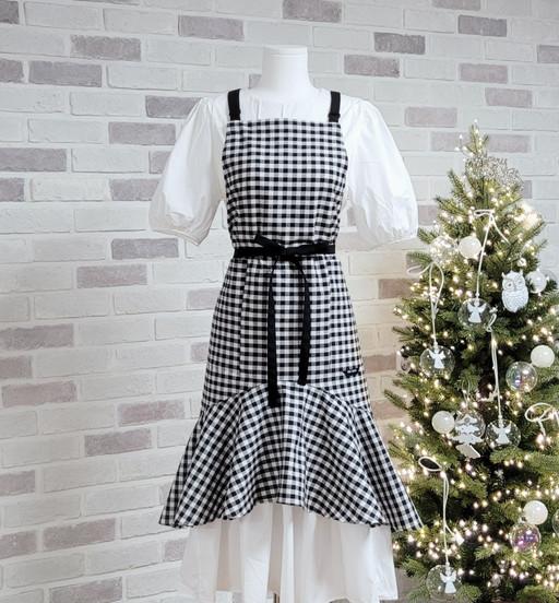 블랙체크 머메이드 앞치마 랩스타일 앞치마 카페 공방