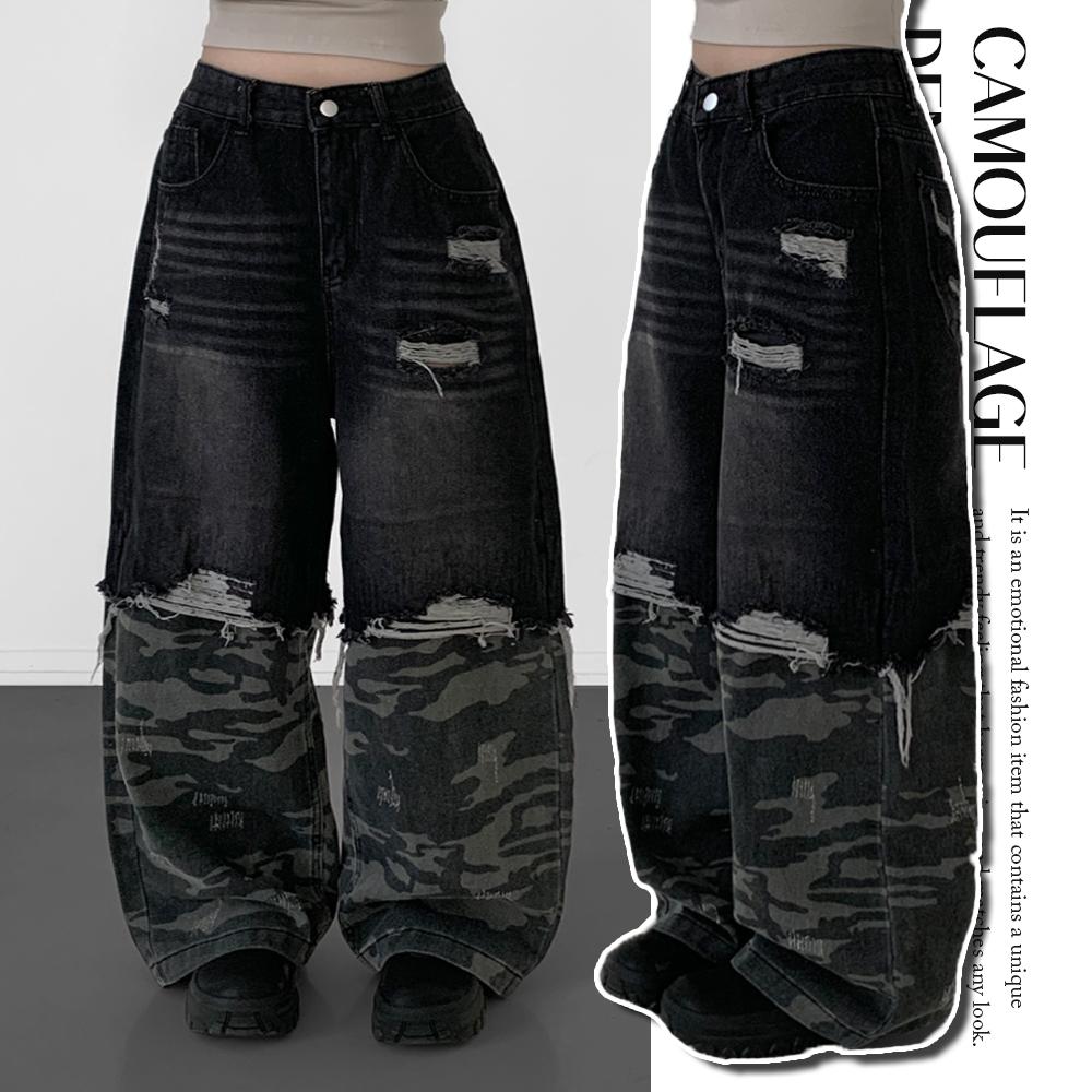딥오브 [유니크/찐~힙함🖤] y2k 걸크러쉬 밀리터리 카모 & 흑청 믹스 데님 와이드 팬츠 찢청 디스트로이드진