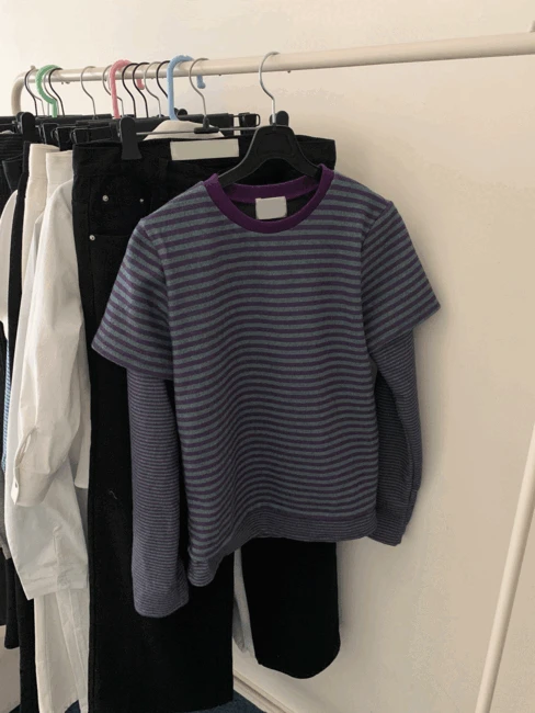 퍼플 스트라이프 레이어드 티