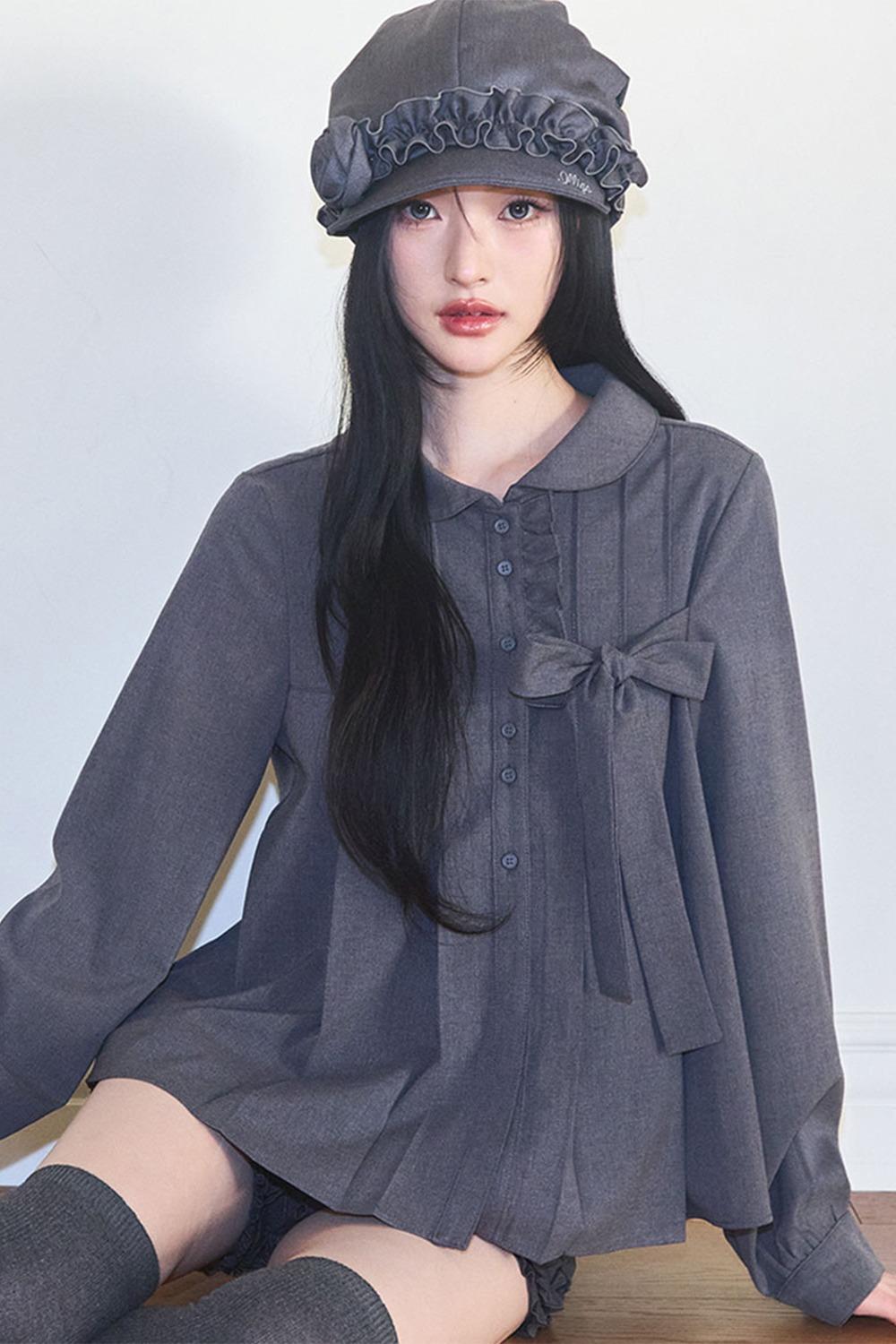 리본 플리츠 블라우스 그레이