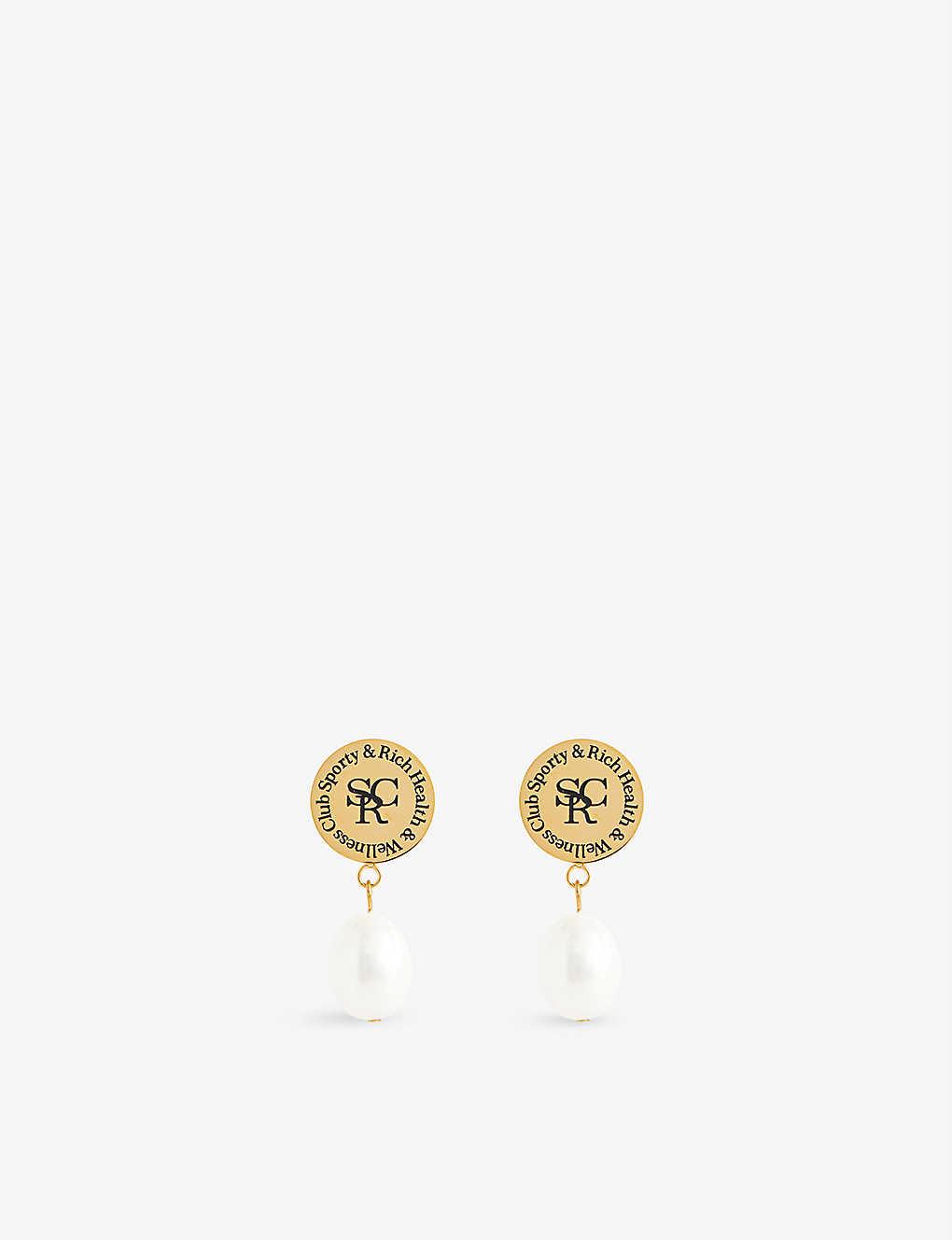 Brand-engraved brass and pearl earrings