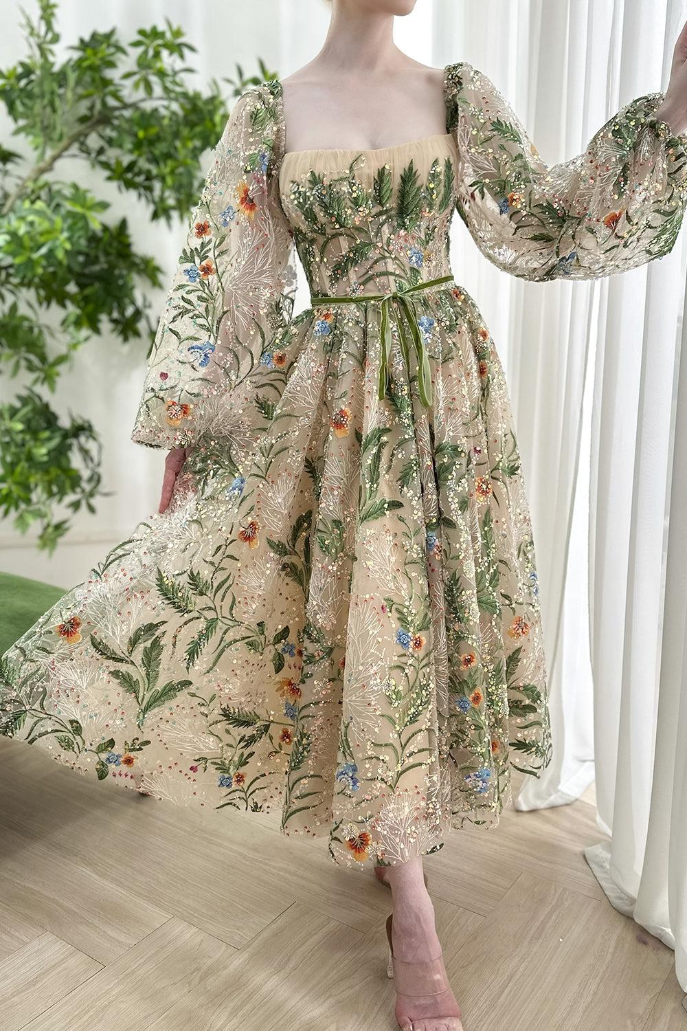 Long Puffy Sleeves Corset Floral Embroidery Midi Dress