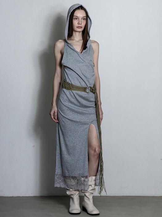 lace detail hood long dress (gray)