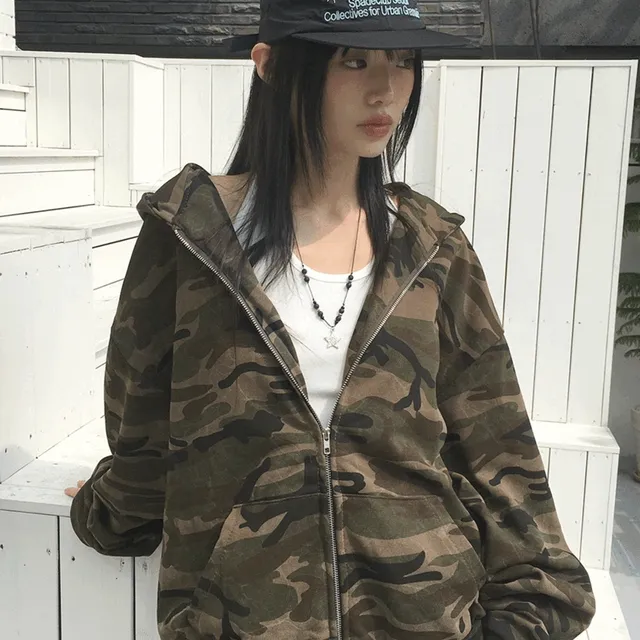체보 밀리터리 카모 오버핏 후드 집업