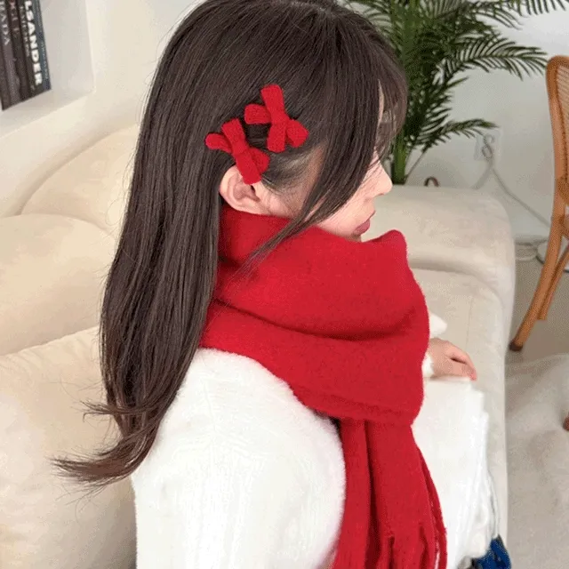 [2개SET] 니트 뜨개 미니 리본 머리핀 겨울 옆머리 집게핀