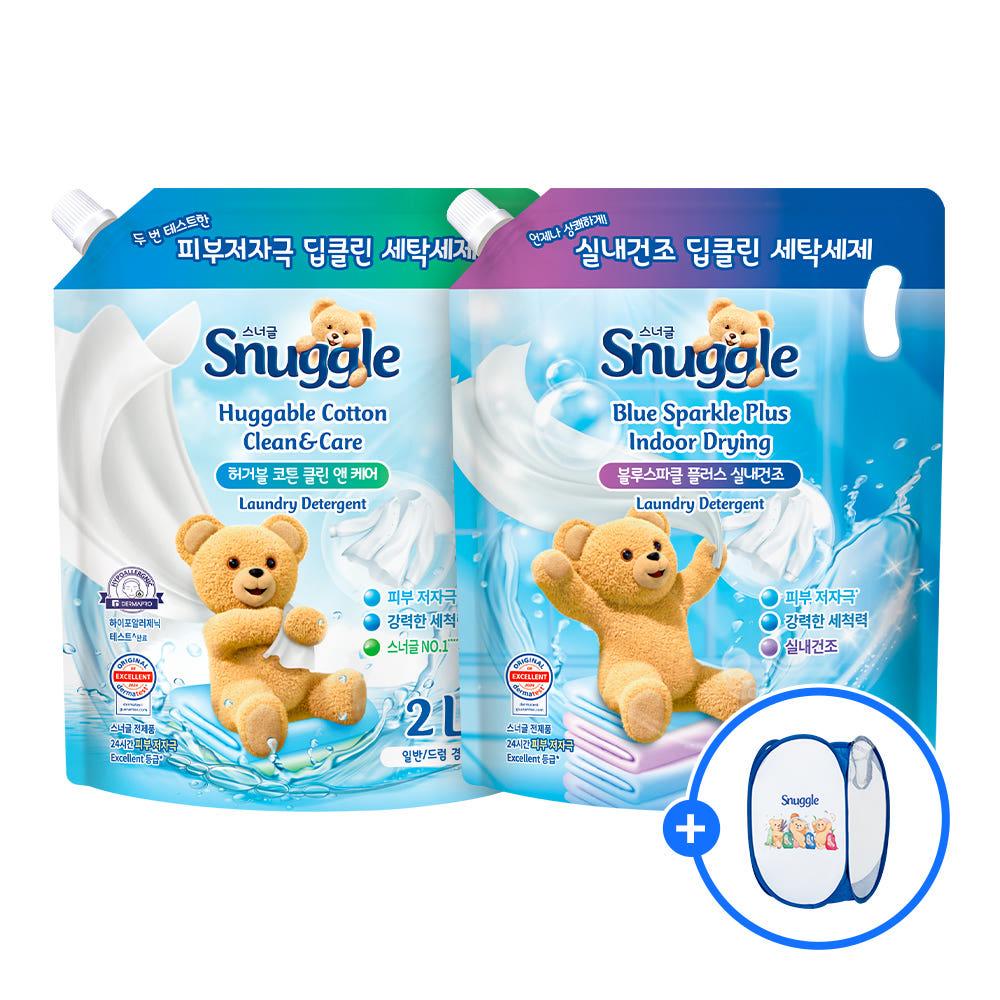 스너글 딥클린 세탁세제 블루스파클플러스 실내건조 2L + 허거블코튼 클린앤케어 2L, 리필, 액상형, 일반 드럼 겸용 + 런드리백 증정