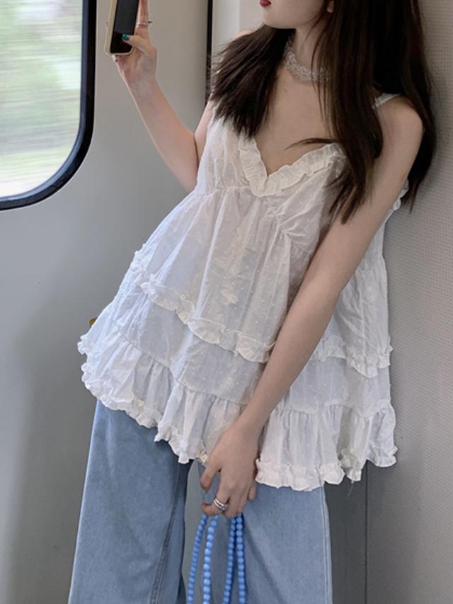 옷뚜기 도트 프릴 뷔스티에 나시 블라우스