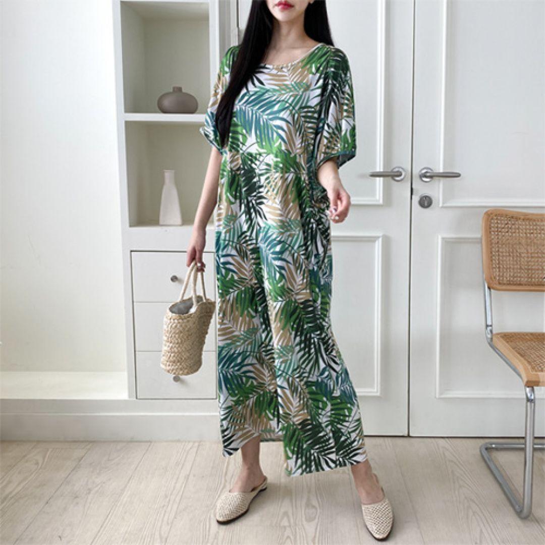 트로피컬 야자수 30 40대 미시 라운드 a라인 루즈핏 5부 여름 롱 원피스 초록 파란색