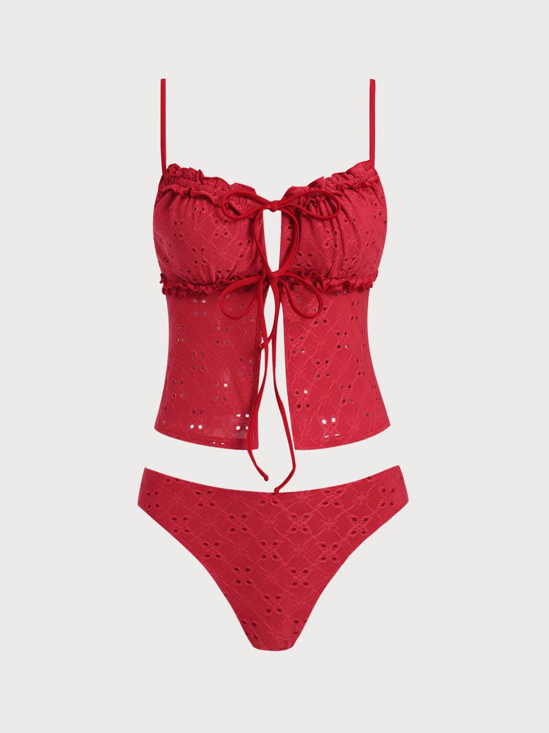 Rose Red Lace Contrast Hollow Tankini Swimsuit