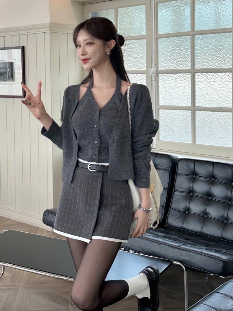 NEW5%)세인트 울 랩 미니스커트 팬츠 2col 스트라이프 단가라 치마바지 안감팬츠 배색 A라인