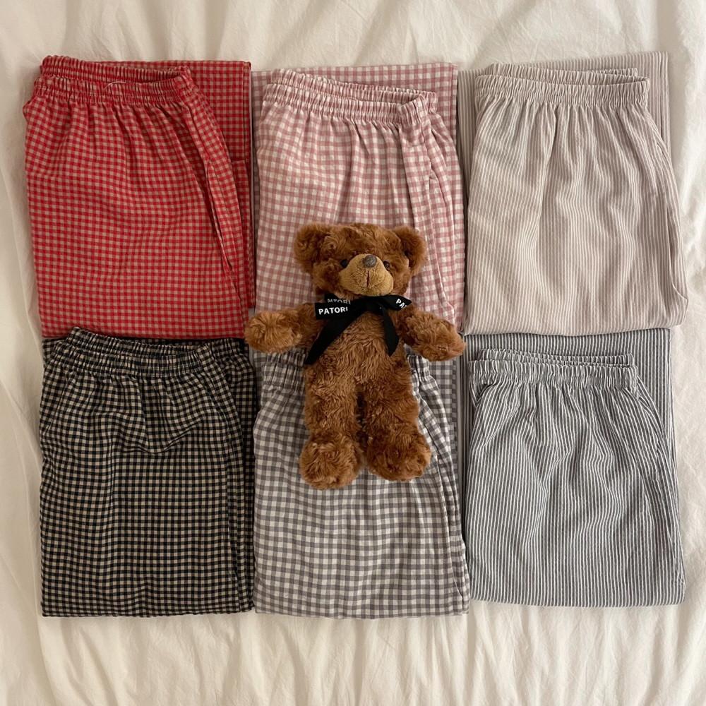 국산 커플 긴 잠옷바지 신혼 우정 파자마파티 면 부드러운 체크 스트라이프 집앞룩