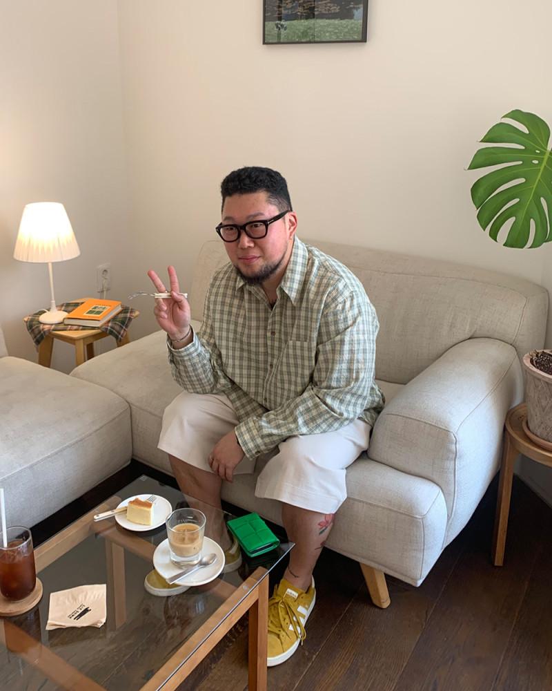 유니섹스 라임/브라운 체크 시어서커 긴팔 셔츠 2c