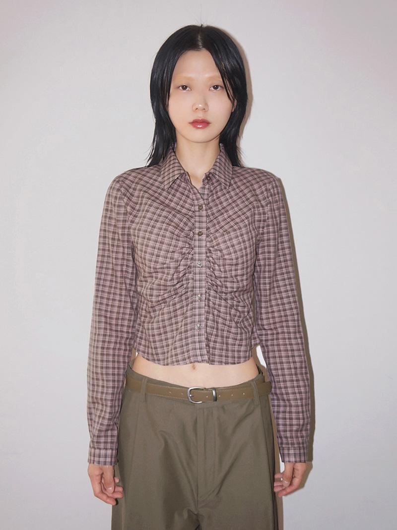 아케 CHECK SHIRRING CROP SH (orange / pink brown)