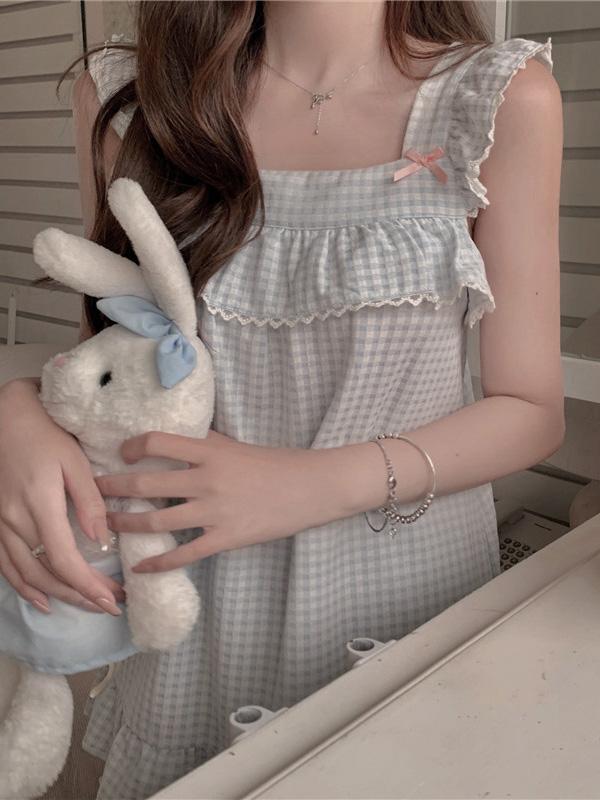 [당일출고⚡무배]그린리본체크 민소매 나시 상하세트 파자마 잠옷