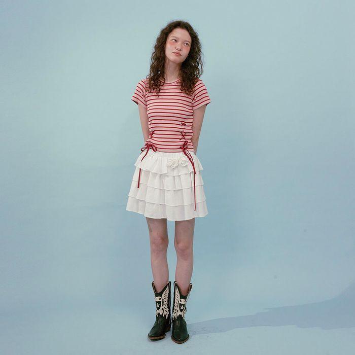 Stripe Ribbon Eyelet Top (Pink)