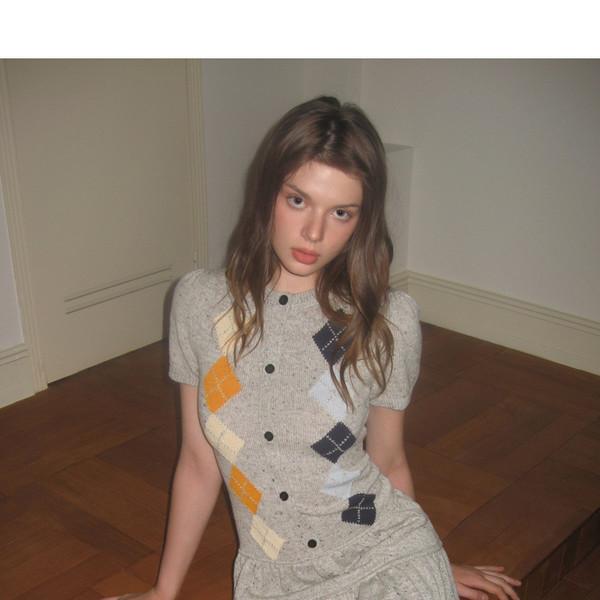 UE American Retro College Style Diamond Checked Bubble Sleeve A-line Dress