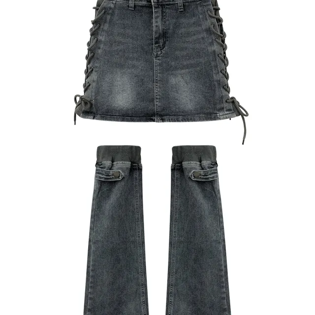 [스커트&레그워머 세트] 아일렛 스트링 블랙 데님 스커트 청치마