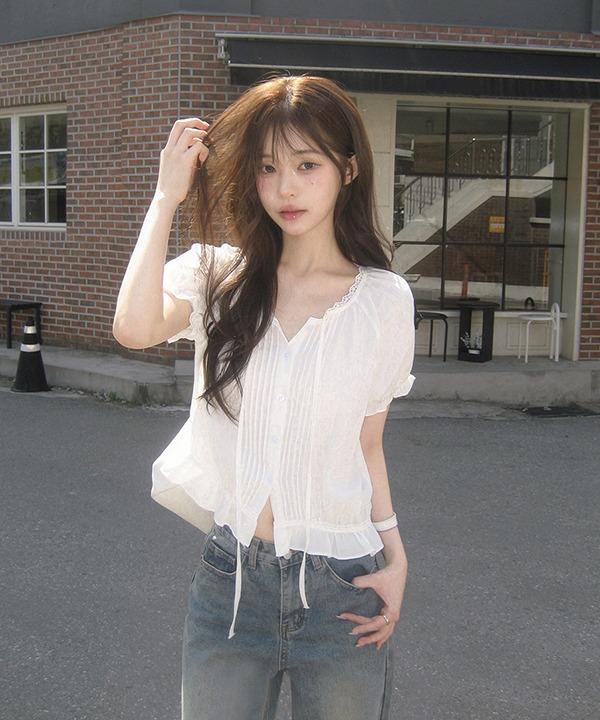 쇼퍼랜드 [기획][여름] 에어리 레이스 프릴 퍼프 반팔 블라우스