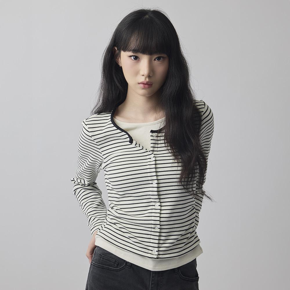 행텐 여성 웨일 스트라이프 가디건 레이어드 티셔츠_오프화이트