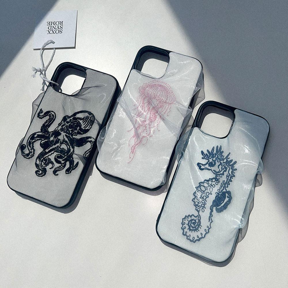 Marine life 오간자 시스루 재질의 일러스트 패브릭 자수 케이스 아이폰 갤럭시
