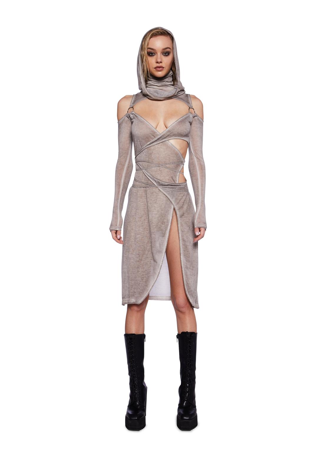 Fader Hooded Wrap Midi Dress- Ecru - OFF WHITE / XX-Small