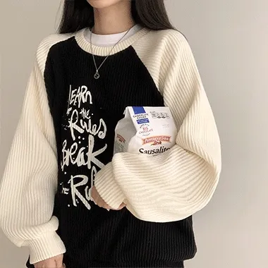 브릭 배색 골지 맨투맨