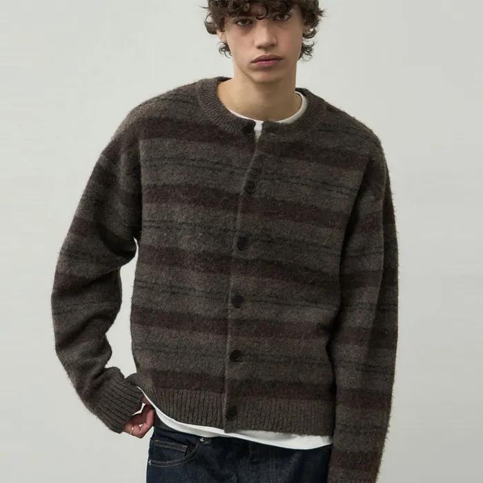 헤어리 스트라이프 크롭 니트 가디건 [브라운]