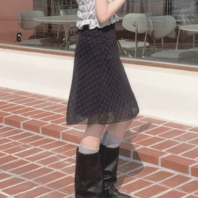 CHECK MIDI CHIFFON SKIRT [체크 미디 밴딩 레이어드 쉬폰 스커트 치마 긱시크 핀터레스트 여름]
