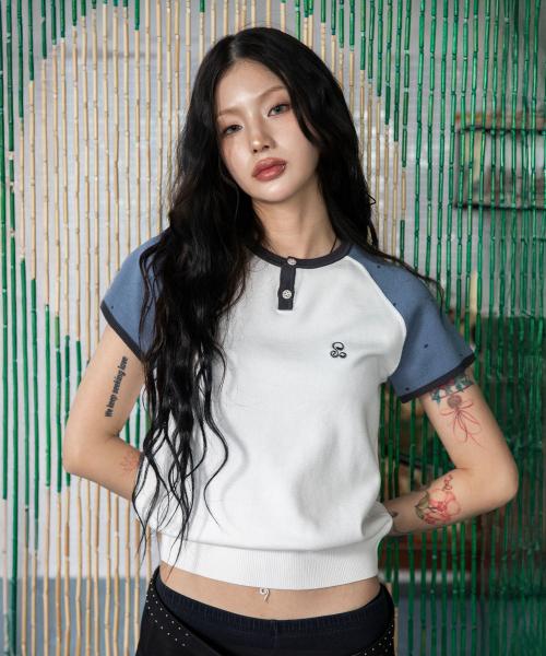 WXK019 도트 래글런 배색 반팔 니트 (WHITE)