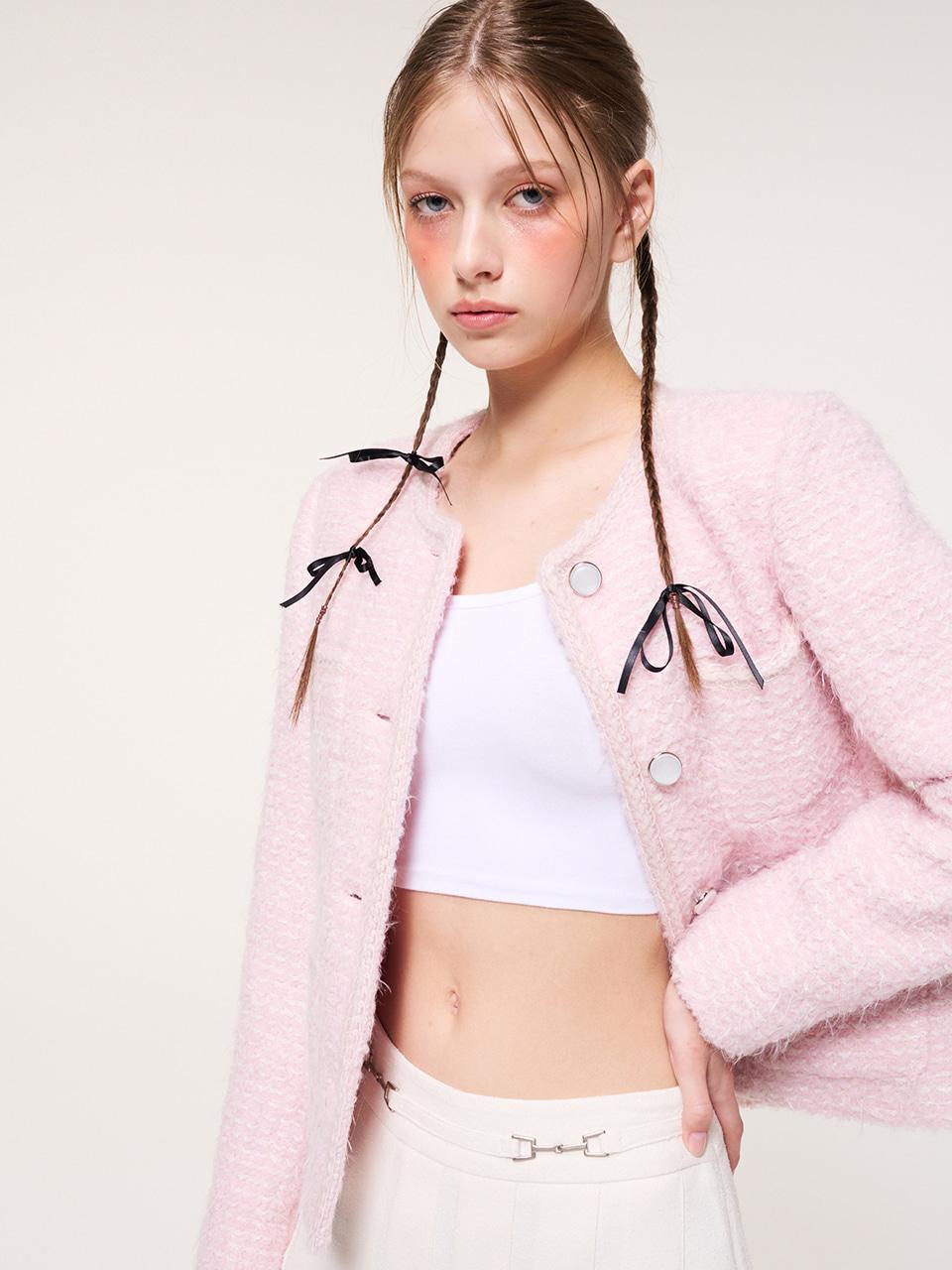 Pocket Tweed Fur Jacket, Pink
