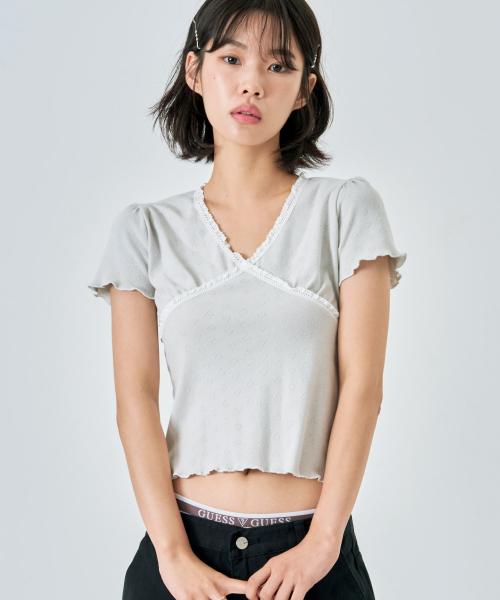 Shirring Lace Tee Gray