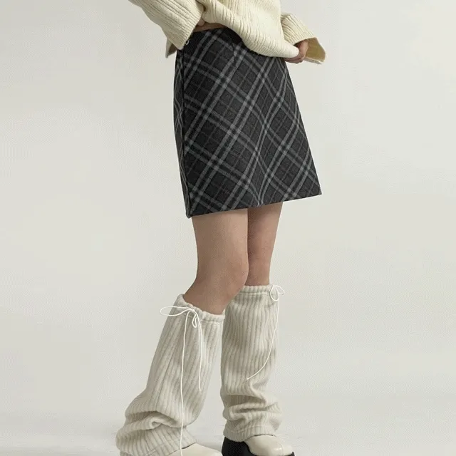 울 체크 패턴 모직 미니 속바지 스커트