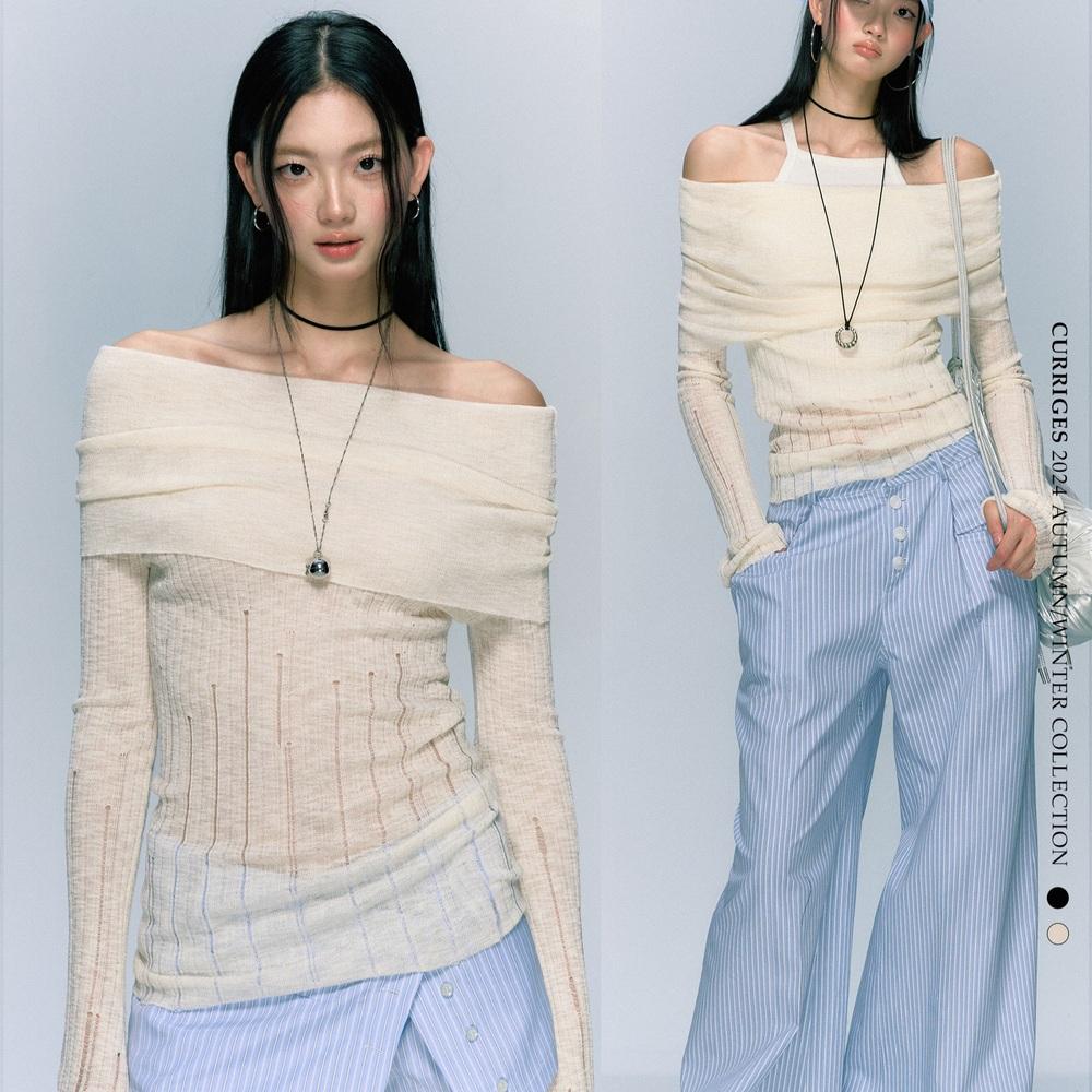 CURRIGES 오프숄더 니트 비스코스 긴팔 슬림 탑 스웨터