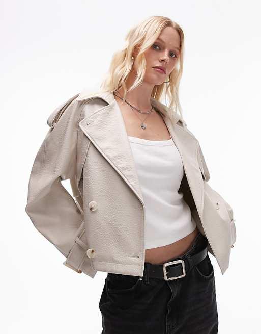 Topshop - Trench-coat court texturé en similicuir - Crème
