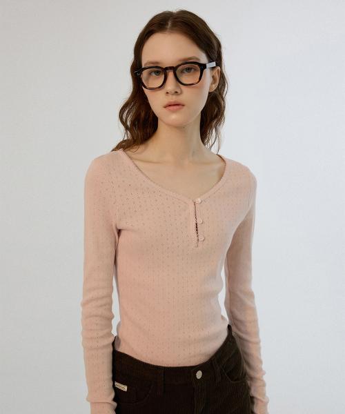 Lace Button Long Top - Pink