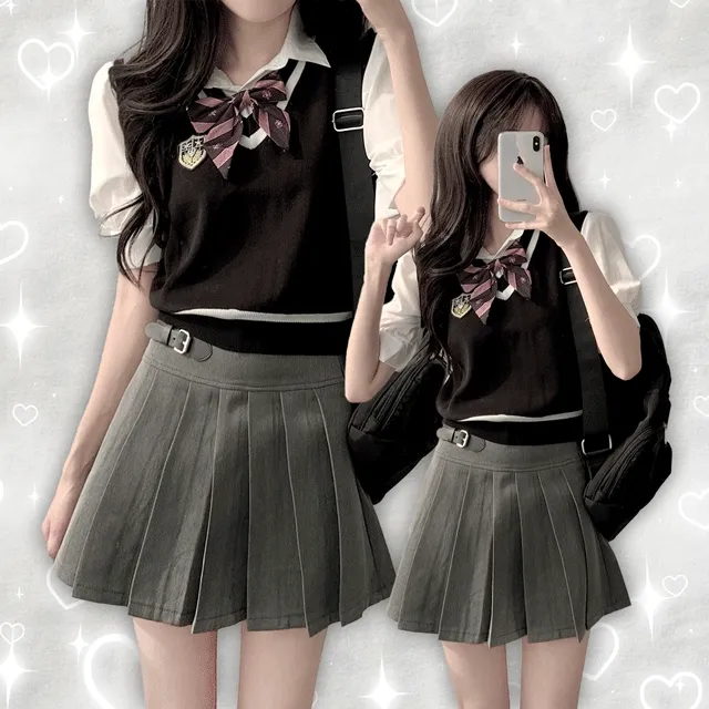 반팔ver. [하이틴set/리본증정] 와펜 일체형 니트조끼 반팔 셔츠 니트+더블 벨트 플리츠 A라인 미니 스커트 스쿨룩 투피스 코디세트