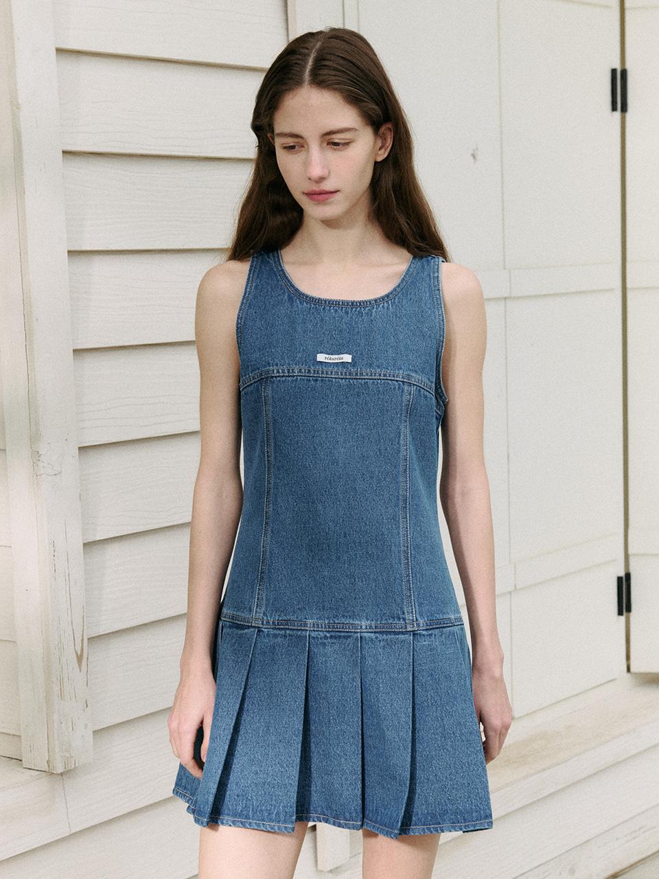 DENIM PLEATS ONEPIECE BLUE