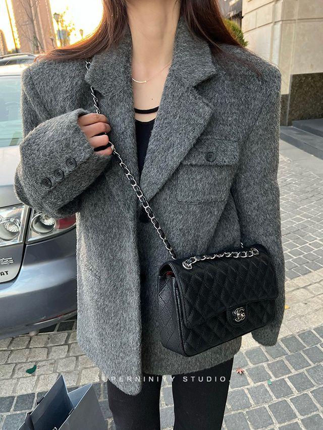 그레이 양모 오버 블레이져 자켓