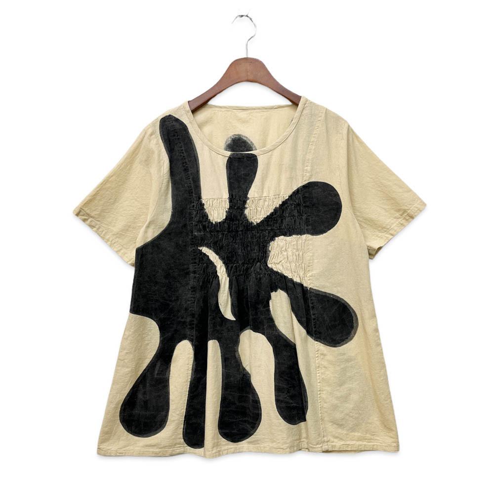 [중고]빈티지 나염 라운드 넥 반팔 블라우스 m-l