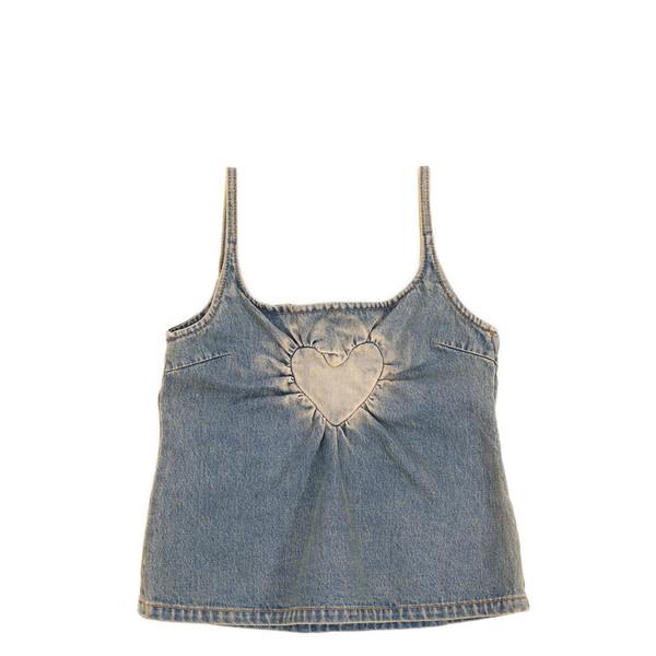 HEART GATHERED DENIM SLEEVELESS TOP - VINTAGE WASHED BLUE DENIM