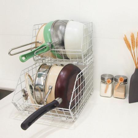 철제 화이트 접이식 프라이팬 접시 냄비 정리함 잡동사니 수납함 거치대 소형+대형 세트