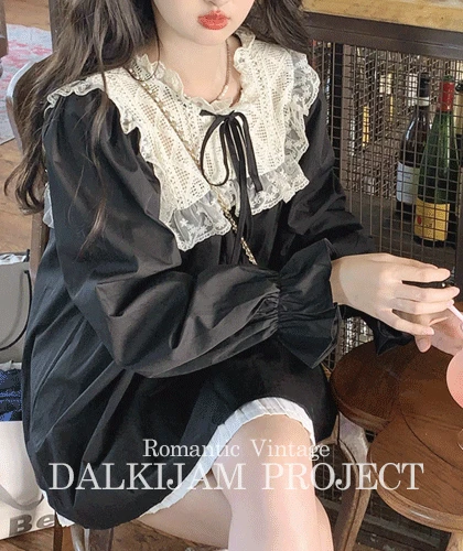 키엘 레이스 리본 블랙 롱 블라우스